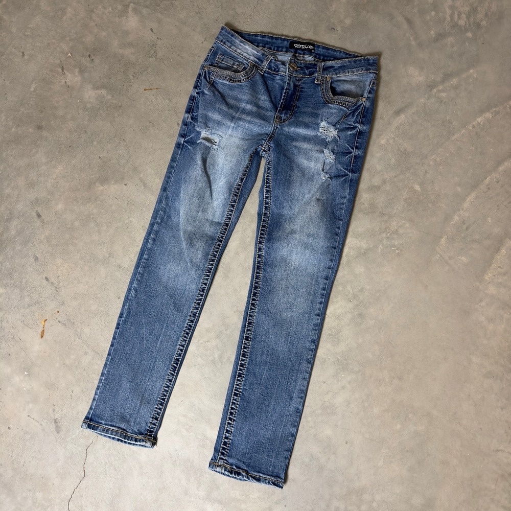 Riot Blue Distressed Straight Leg Jeans Womens 32 Blue Embroidered Y2K Baggy